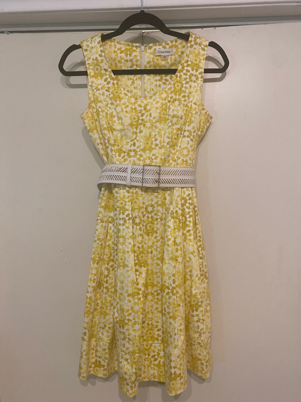 Calvin Klein Yellow Floral Midi Dress with White Belt